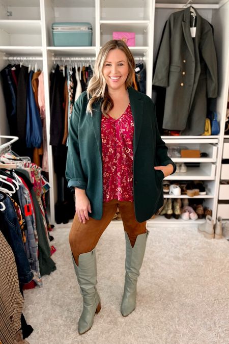 Green Boots Style Session Look 1! Plus size faux suede leggings from Spanx in a 2X - they run a little snug, so size up if you're in between sizes (use code ASHLEYDXSPANX for a discount)! Top is old from Old Navy - linking similar! Madewell blaxer in a 1X - it runs big on me, so I recommend sizing down if you're shaped like me!

#LTKSeasonal #LTKcurves #LTKstyletip