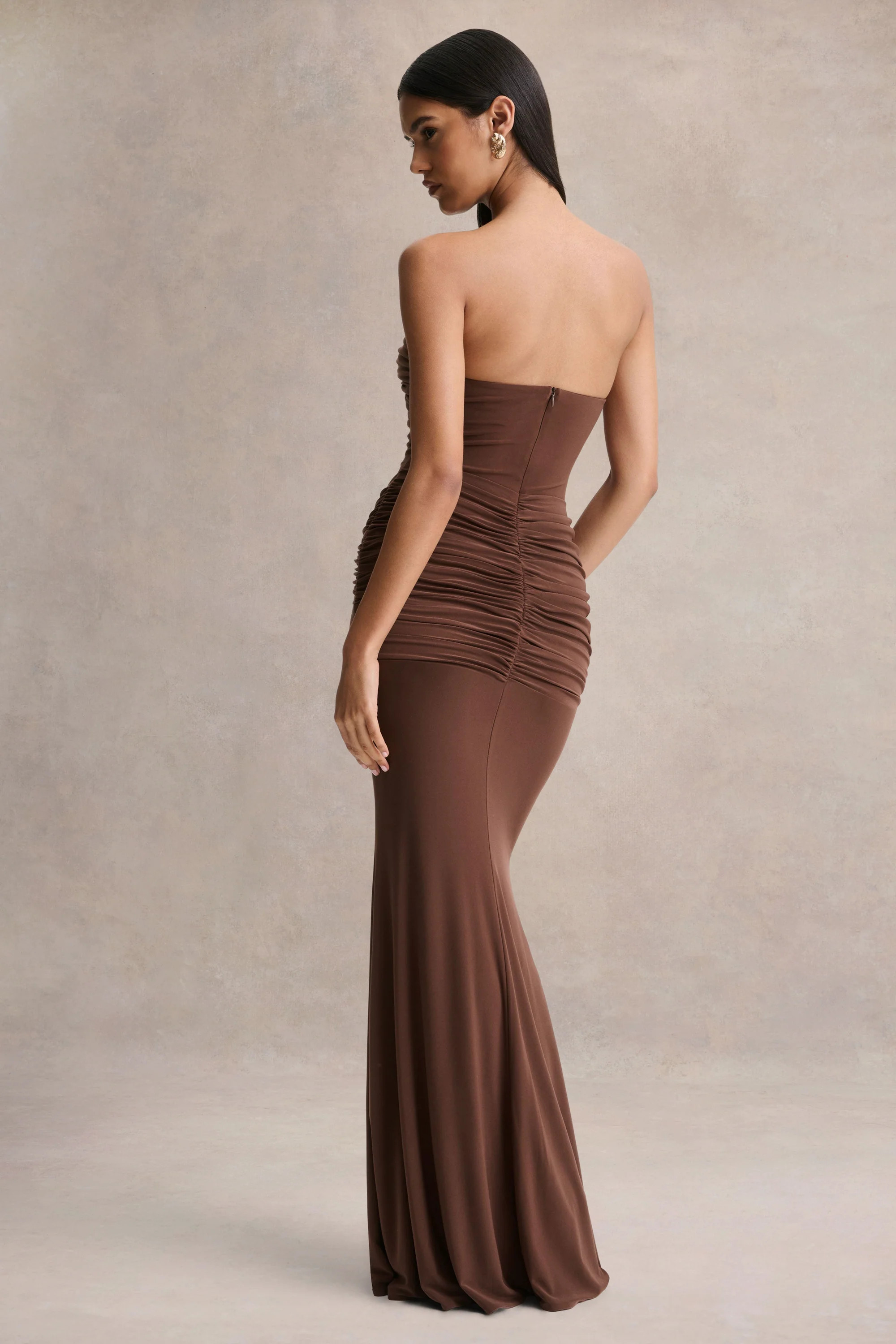 Elodia | Brown Bandeau Maxi Dress With Gathered-Detailing | Club L London