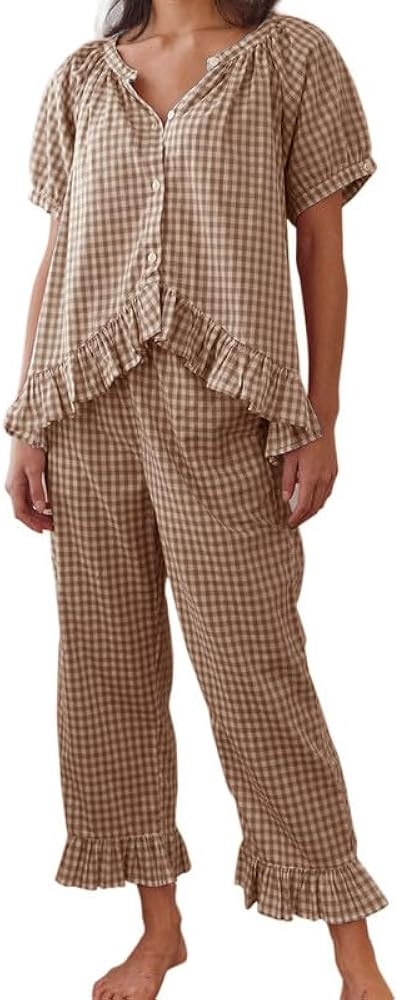 Argeousgor Women Plaid 2 Piece Pajama Set Button Down Puff Sleeve Babydoll Shirt Gingham Pants Pj... | Amazon (US)