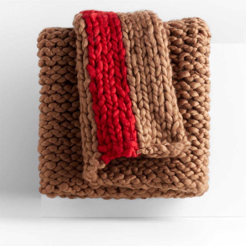 Caramel Brown Chunky Knit Holiday Throw Blanket with Red Stripe 70"x55" + Reviews | Crate & Barre... | Crate & Barrel