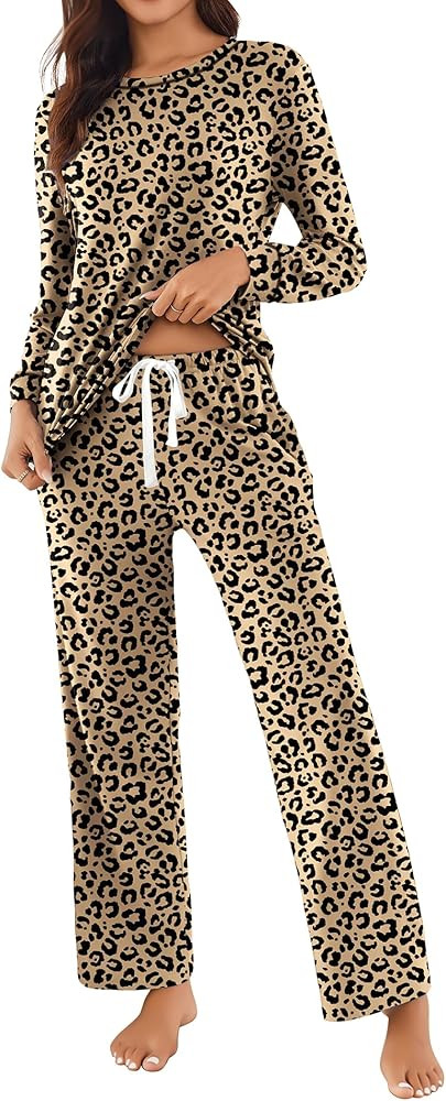 Ekouaer Womens 2 Piece Pajama Set Long Sleeve PJs with Plaid Pants Drawstring Elastic Waist Sleep... | Amazon (US)