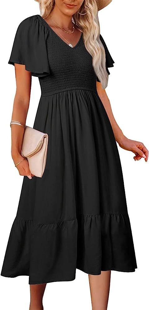 MEROKEETY Womens 2023 Summer Casual V Neck Ruffle Sleeve Smocked High Waist Midi Dress with Pocke... | Amazon (US)