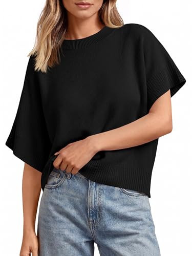 Saodimallsu Womens Short Sleeve Sweaters Crew Neck Lightweight Casual Loose Fit Summer Knit Pullover Tops Black | Amazon (US)