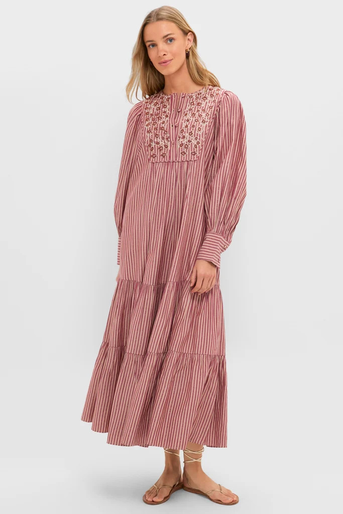 Red Lurex Stripe Hand Beaded Capote Dress | Tuckernuck (US)