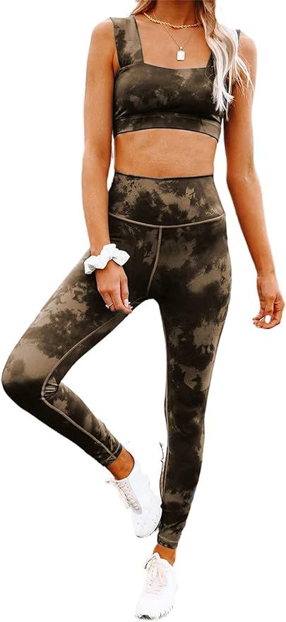 Biucly Women's Tie Dye Workout Sets 2 Piece Suits High Waisted Yoga Leggings with Stretch Sports ... | Amazon (US)