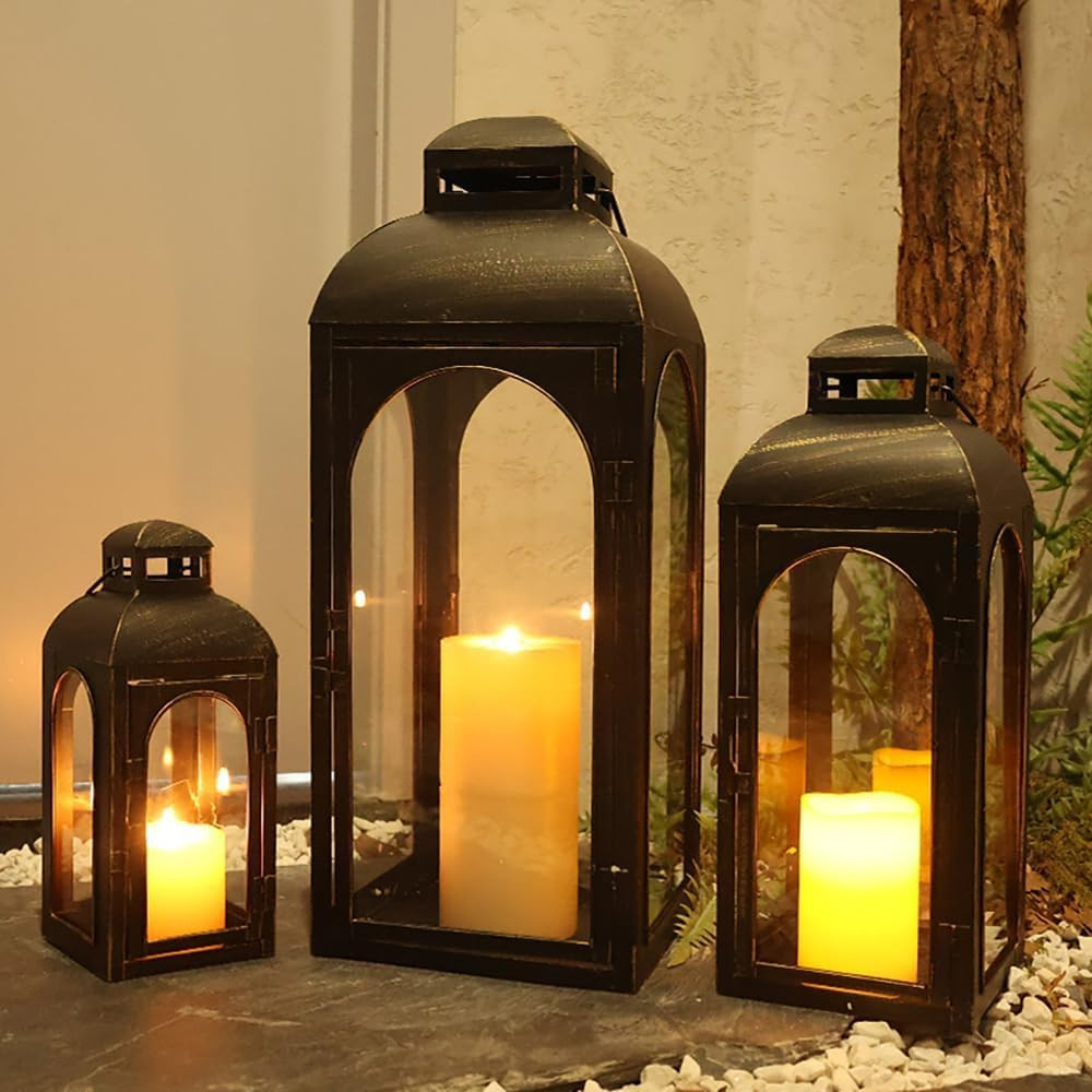 NEEDOMO Lanterns Decorative Indoor&Outdoor,Set of 3 Outdoor Lanterns for Porch, 26" Metal Frame Candle Holders with Glass, Fall, Christmas | Amazon (US)