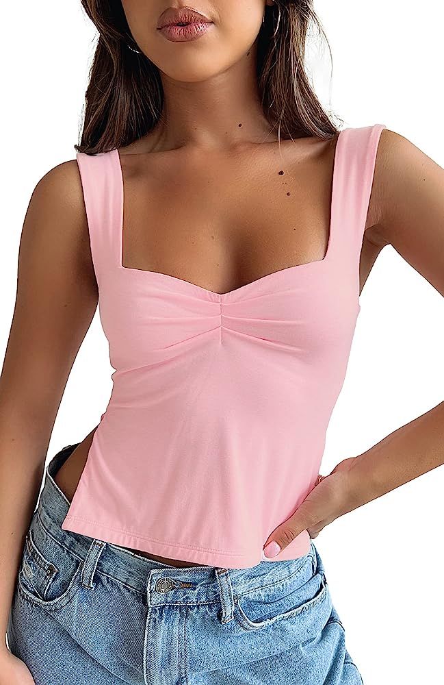 Women's Sleeveless Backless Crop Tank Top Sexy Pleated Bustier Sweetheart Neck Strappy Y2K Slits ... | Amazon (US)