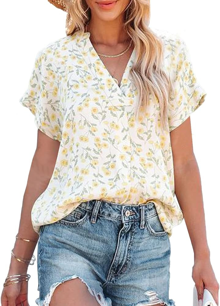 Allimy Women Summer Casual Split V Neckline Floral Chiffon Blouses Loose Tunic Short Sleeve Tops | Amazon (US)