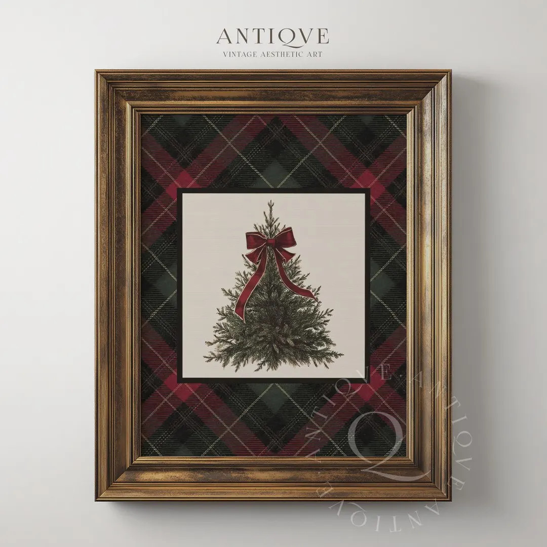 Christmas Tree With Red Bow and Plaid Border | Classic Holiday Wall Art | Traditional Christmas P... | Etsy (US)