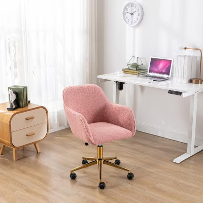 Modern Teddy Fabric Office Chair, Adjustable Swivel Desk Chair with Gold Metal Base and Wheels, Upholstered Home Office Chair, Pink | Target