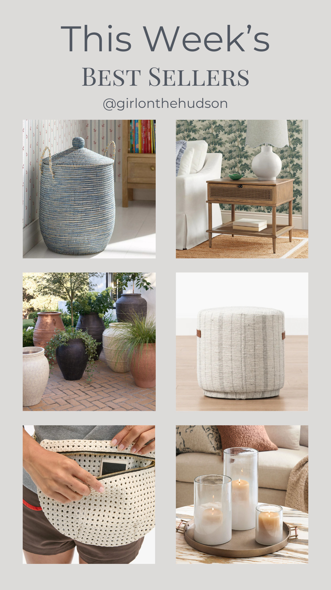 This week's best sellers! 

My favorite La Jolla baskets in all new colors, our guest bedroom bedside tables (still on sale!), the most beautiful statement planters for your front porch, our living room ottomans, my go-to crossbody bag and the prettiest hurricane candle holders

#LTKSeasonal #LTKHome #LTKSaleAlert