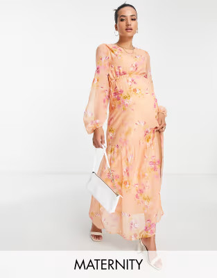 Hope & Ivy Maternity cut-out balloon sleeve maxi dress in peach and ochre floral | ASOS (Global)