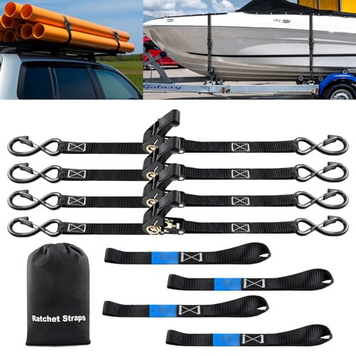 Ratchet Straps Heavy Duty 4 Pack 15 FT 1800 LB Break Strength Ratchet Tie Down Straps with Safety Lock S Hooks and Soft Loop Tie Down Straps (Black) | Amazon (US)