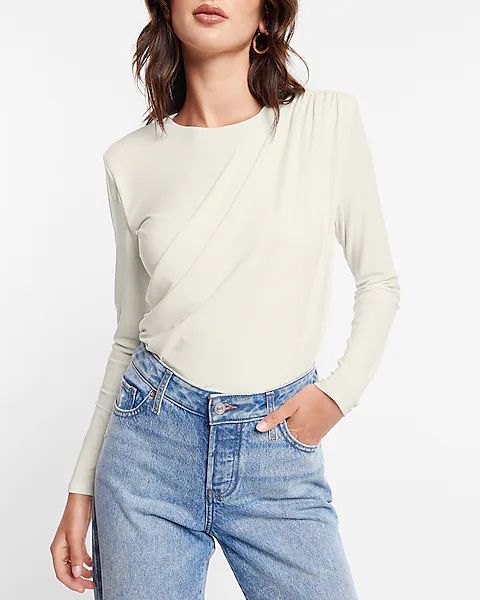 Matte Crew Neck Long Sleeve Draped Cropped Top | Express