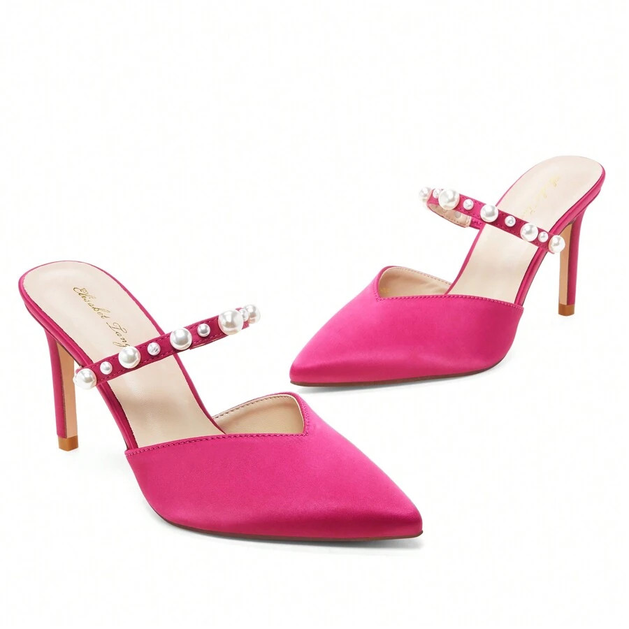 Pointed Toe Heels Sandals, 3.54 Inch Pearl Strap Satin Mules Stiletto Heels Glitter Crystal Close... | SHEIN