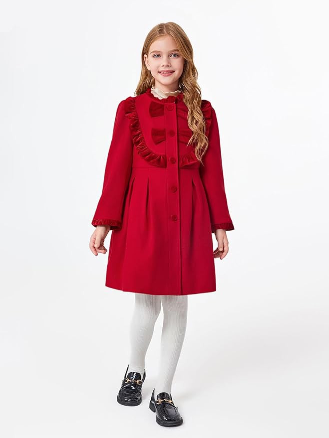 Haloumoning Girls Dress Coat Kids Ruffle Button Down Cute Bow Long Winter Jackets with Pockets 3-... | Amazon (US)