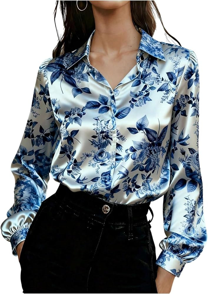 Floerns Women's Floral Button Down Shirts Long Sleeve Dressy Casual Work Satin Blouses | Amazon (US)