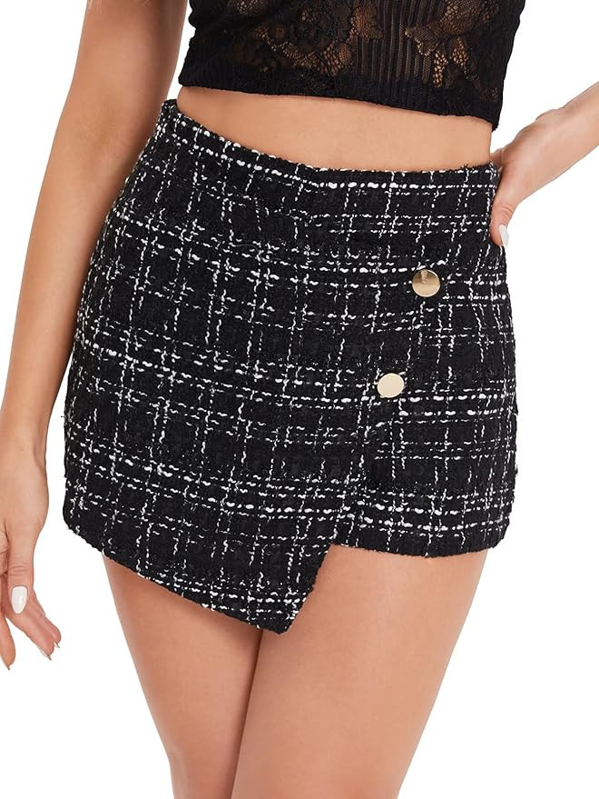 Floerns Women's Tweed Wrap Button Front High Waist Asymmetrical Skirt Shorts | Amazon (US)