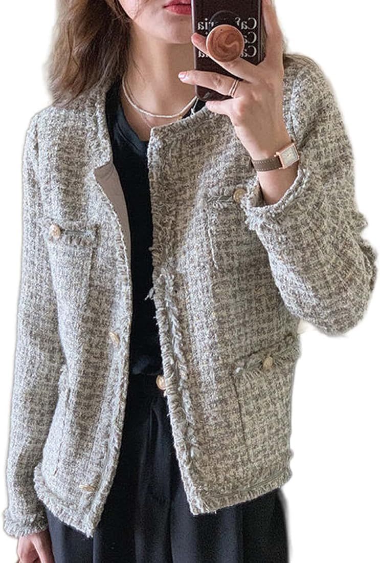 Vintage Tweed Blazers for Women Trendy Professional Office Blazers Outfits Classic Long Sleeve Open  | Amazon (US)