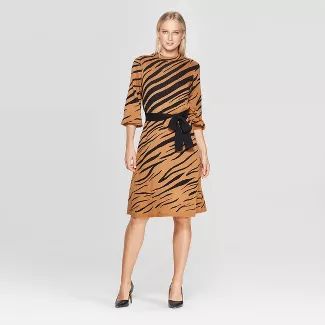 Women's Animal Print 3/4 Sleeve High Neck Intarsia Sweater Mini Dress - Who What Wear™ | Target