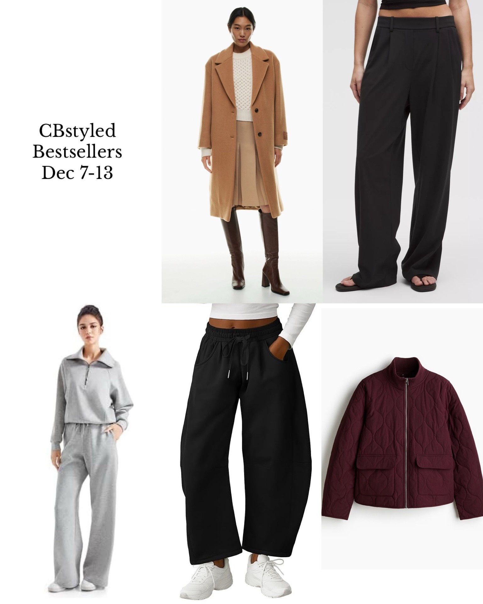 Bestsellers Dec 7-13! I’m 5’ 7”, size 4ish: 
1. Camel coat: two years ago I did a deep dive on camel coats and tried on ten coats, this was the winter by far! Really good quality and fit, timeless style. Fits tts.
2. Lululemon stretchy pants: stretchy pull on pants that are super comfortable but look like dress pants. 11 colours. I got black last fall and recently bought brown (color name sequoia). Fit tts, I’m 5’ 7” wearing my usual size S in the 31.5” inseam, also available in short and tall inseams.
3. Lounge set: Super similar to the Spanx AirEssentials sets but with pockets. Also way less expensive. Fit tts.
4. Barrel sweatpants: trendy style, look a bit more elevated than regular sweatpants, fit tts, several colours.
5. Quilted jacket: 20% off, lightweight quilted jacket, 4 colours, fits tts/oversized


#LTKootd #LTKFindsUnder100 #LTKSeasonal