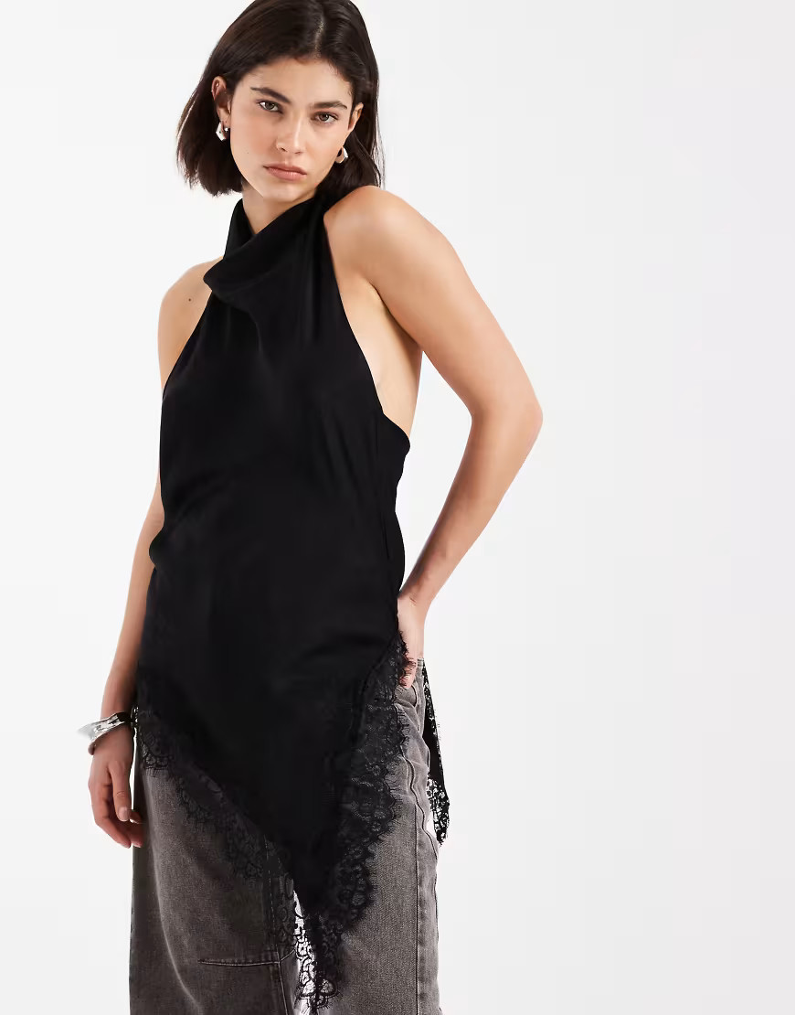 ASOS DESIGN lace trim satin halterneck top in black | ASOS (Global)