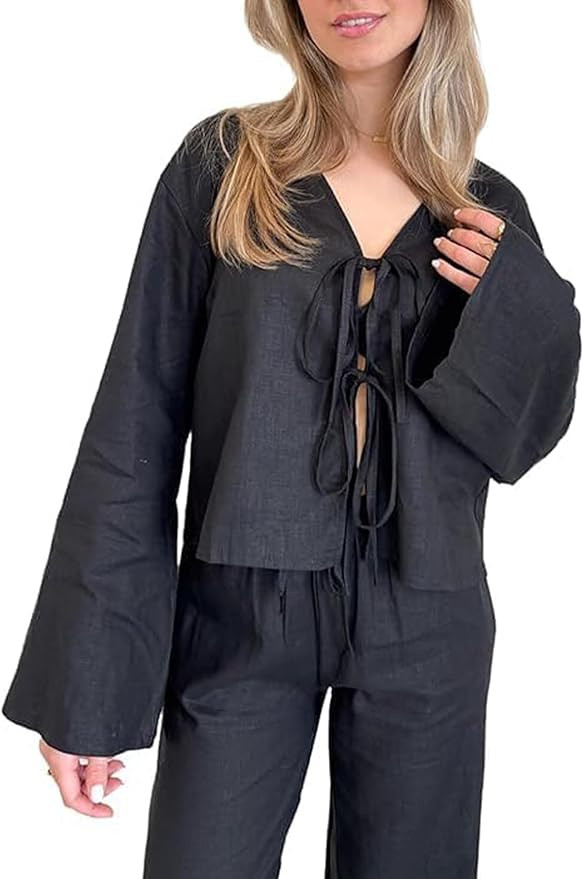 Chvity Tie Front Tops for Women Y2K Linen Shirts Flare Sleeve V Neck Going Out Coquette Clothes C... | Amazon (US)