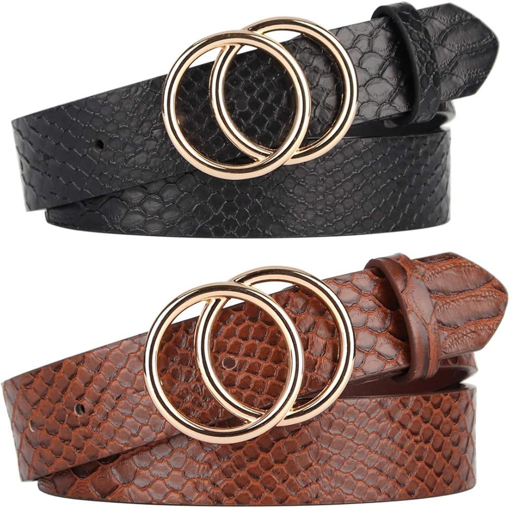 UnFader Pack 2 Women Belts for Jeans with Fashion Double O-Ring Buckle and Faux Leather | Amazon (US)