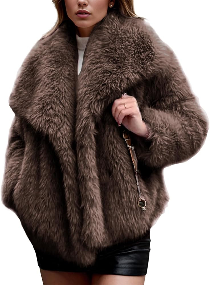 Gihuo Women's Faux Fur Jacket Winter Long Sleeve Fluffy Lapel Furry Shaggy Jacket Coat | Amazon (US)