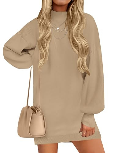 ZESICA Women's 2026 Fall Turtleneck Sweater Dress Oversized Long Lantern Sleeve Casual Knit Pullover Mini Dresses,Light Camel,Large | Amazon (US)