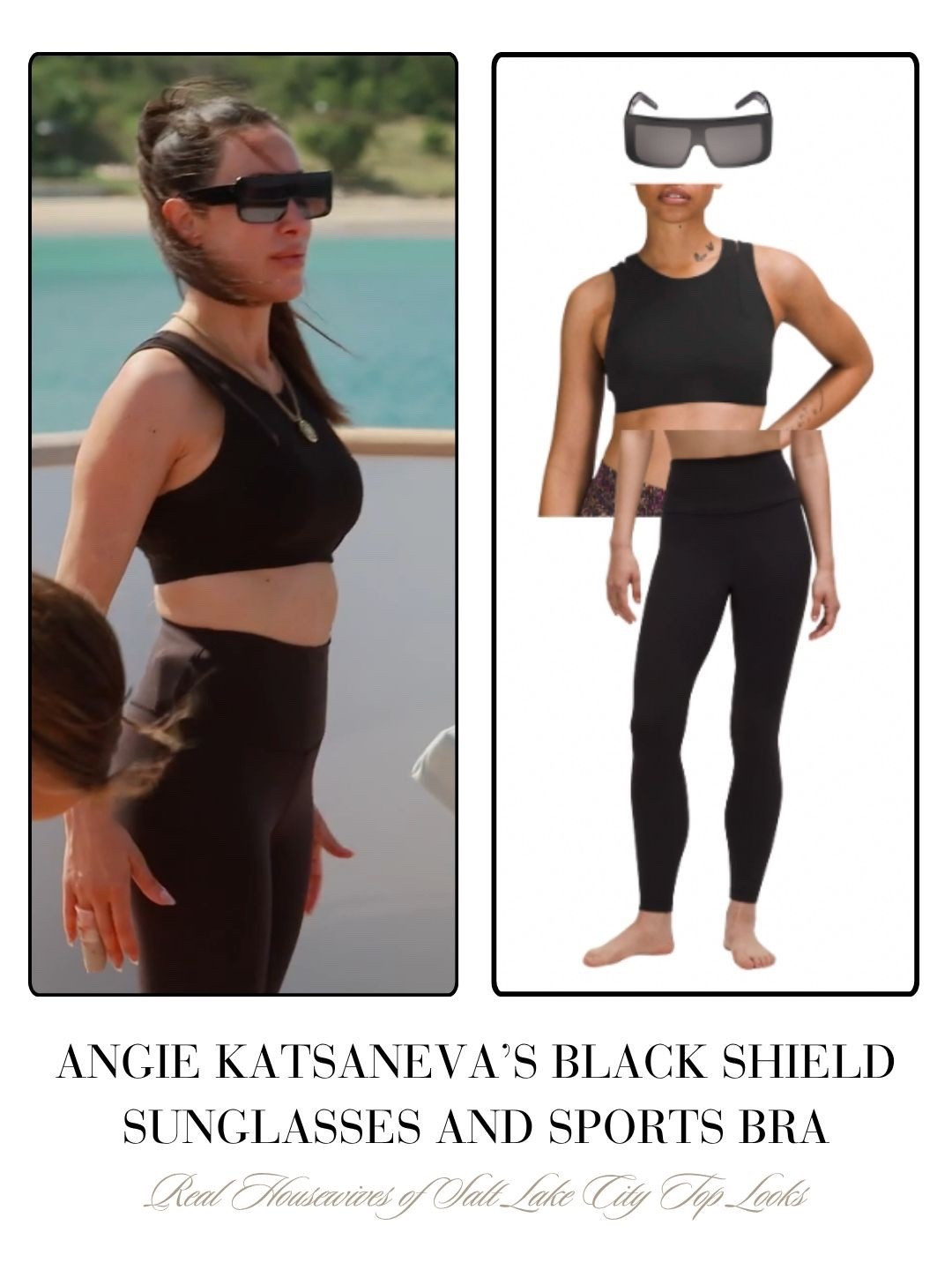 Angie Katsanevas’ Black Shield Sunglasses and Sports Bra 