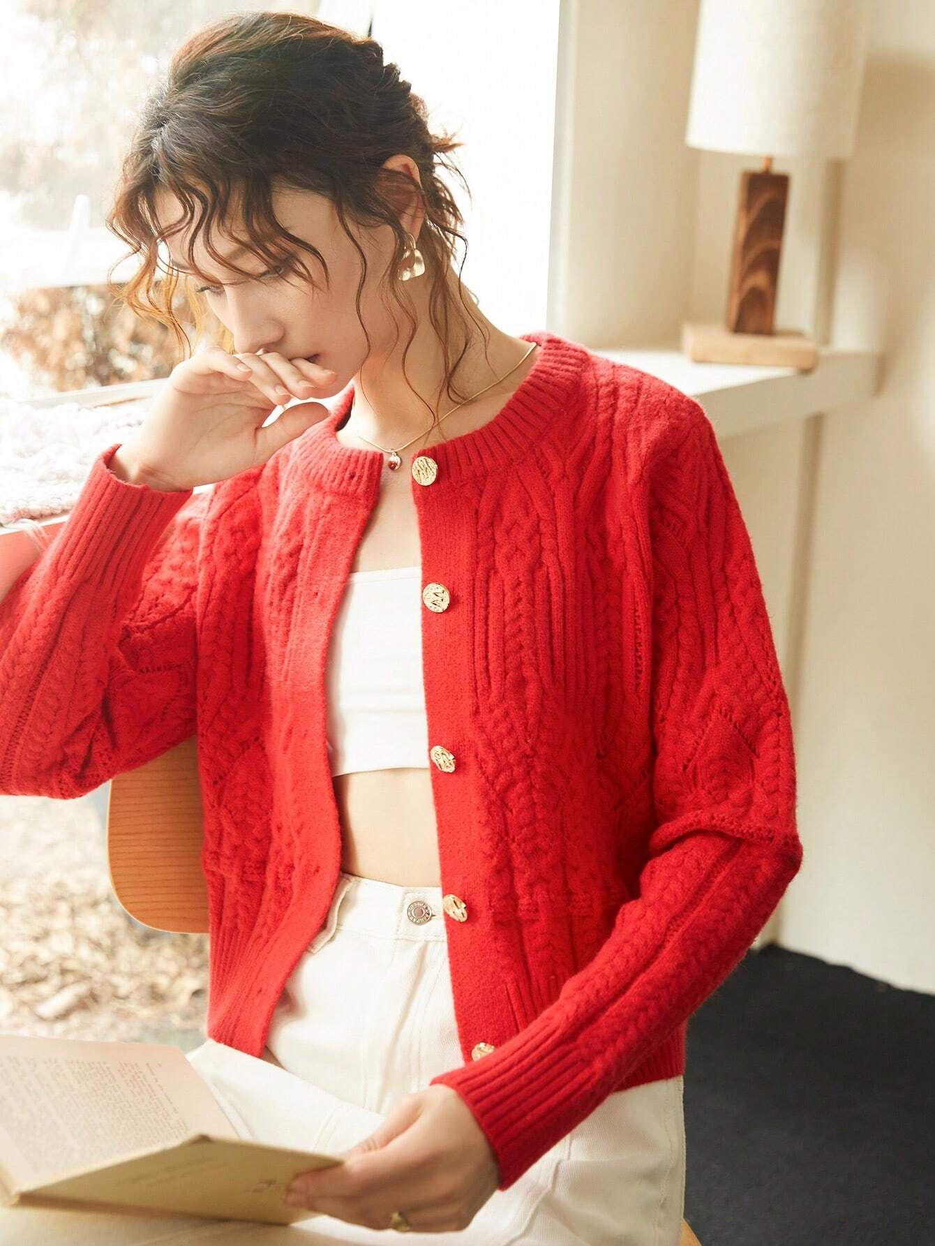 Knit Mix Solid Button Front Cable Knit Cardigan | SHEIN