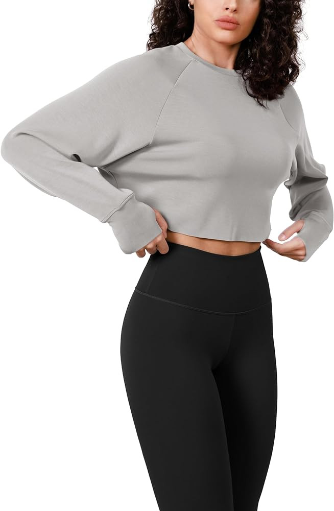 ODODOS Modal Soft Long Sleeve Cropped Sweatshirts with Thumb Hole for Women Crew Neck Pullover Cr... | Amazon (US)