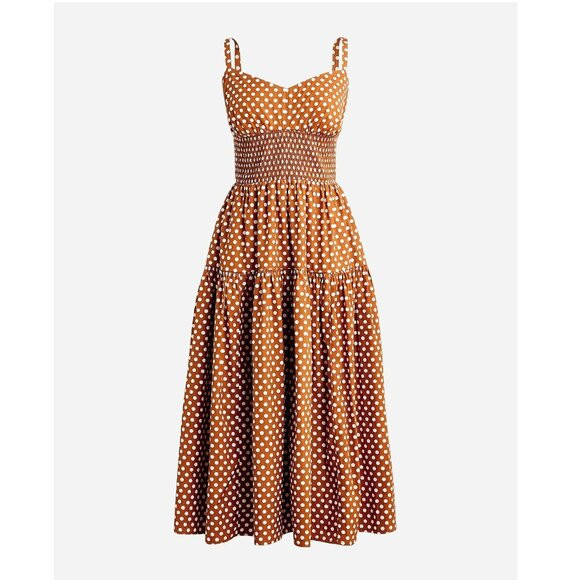 J. Crew Smocked Tiered Midi Dress in Classic Polka Dot Brown White Women's 6 | Poshmark