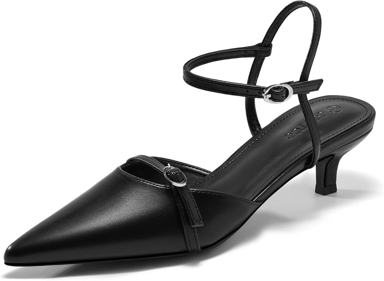 Coutgo Womens Kitten Heels Low Heel Dress Shoes Closed Pointed Toe Ankle Strap Work Office Pumps | Amazon (US)