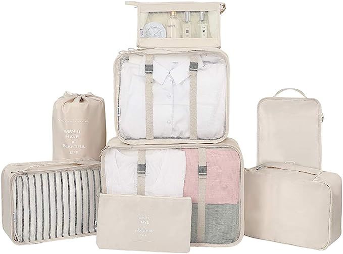 Belsmi 7 Set Packing Cubes with Shoe Bag - Travel Luggage Organizer | Amazon (US)