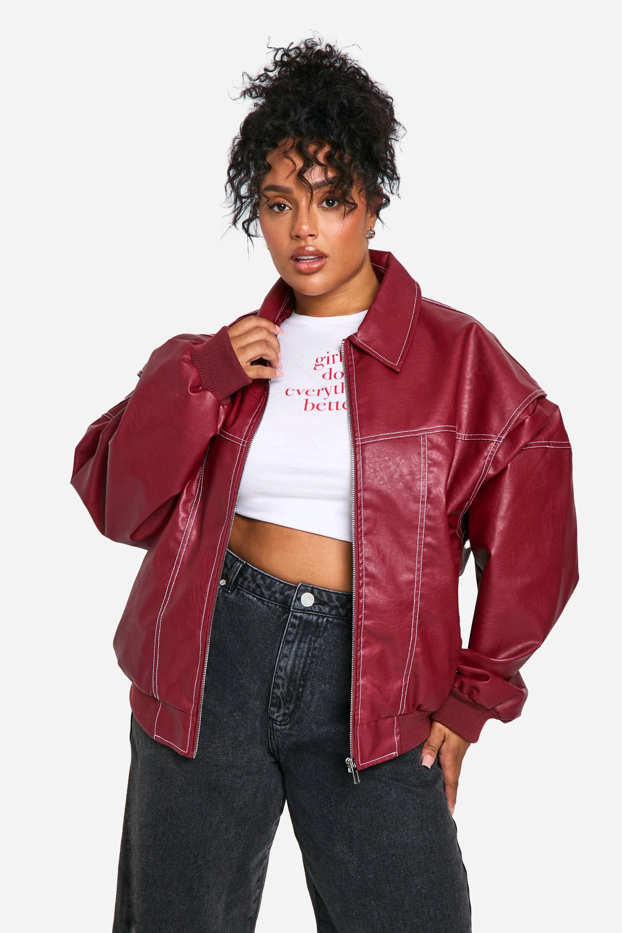 Plus Pu Contrast Stitch Oversized Bomber Jacket | boohoo (US & Canada)
