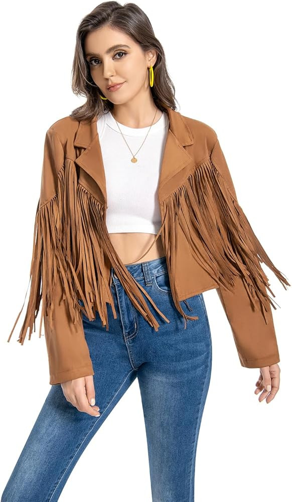Fringe Jacket, Western Cowgirl Faux Suede Leather Jacket Tassel Crop Moto Top Country Concert Out... | Amazon (US)