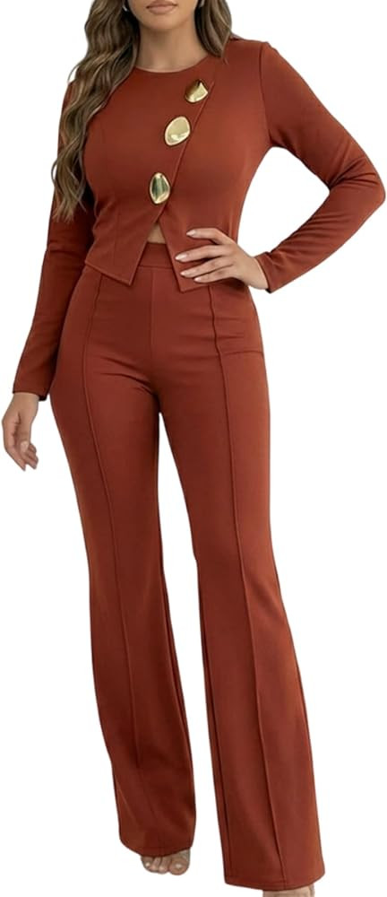 CHICME Women's Long Sleeve Jumpsuit with Gold Accent Buttons Elegant Office and Party Outfit | Amazon (US)