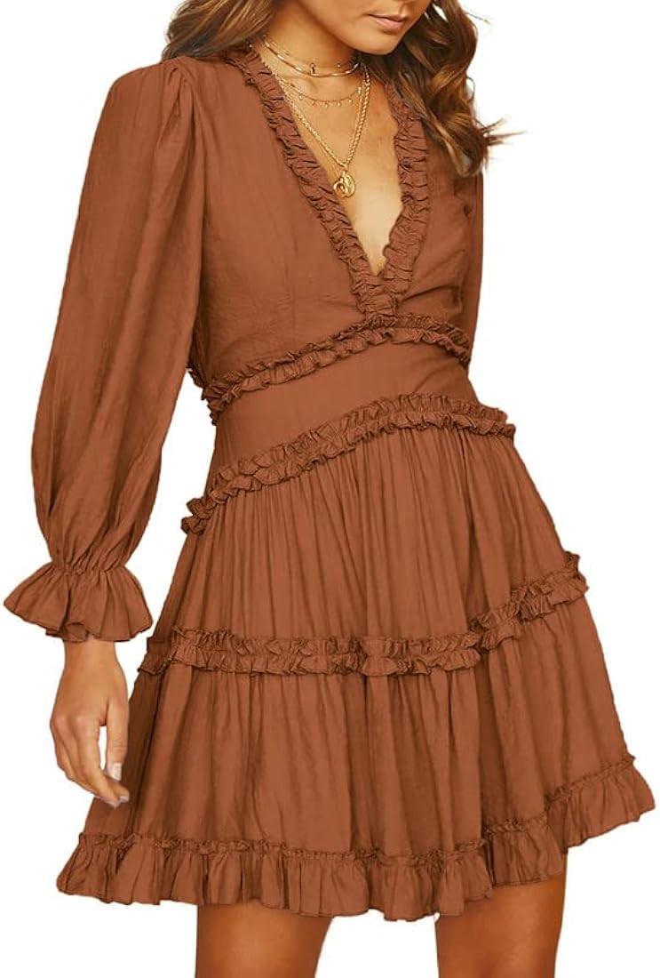 Dokotoo Womens 2023 Spring Summer Deep V Neck Ruffle Long Sleeve Floral Print Mini Dress | Amazon (US)