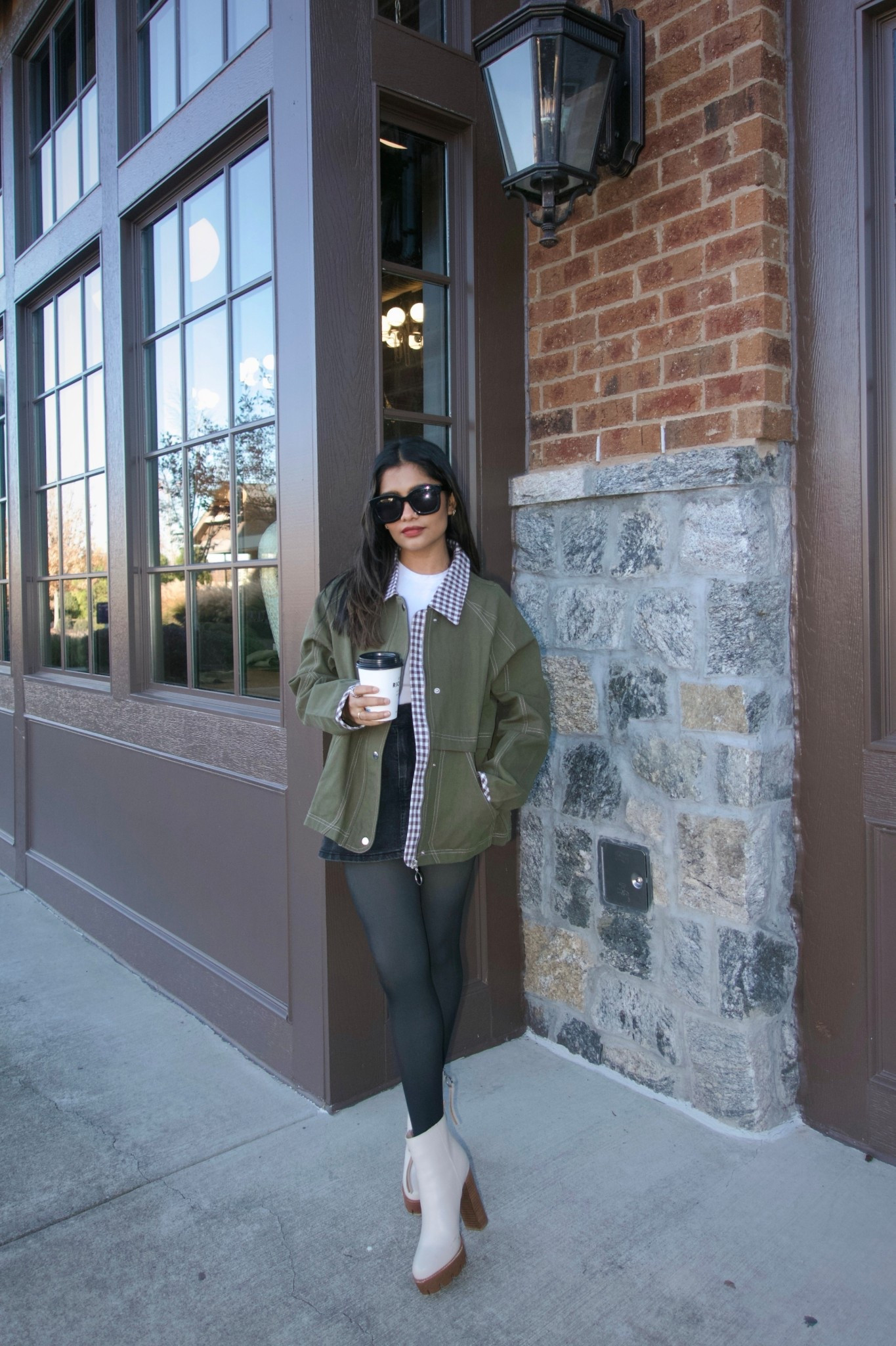 Late Fall/Winter petite outfit. Olive green barn jacket with gingham interior—very lightweight but great to layer under. Comes with many pockets and versatile as well. 
Wearing small 

Wearing xs in fleece lined tights (these are thick and will keep you warm)

Wearing small in dark wash denim mini skirt. 

(I’m 4’11”, 8 months postpartum and this outfit is comfortable) 



#LTKootd #LTKPetite #LTKFindsUnder100