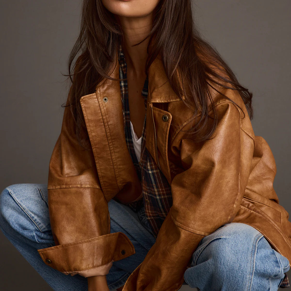 London Calling Cognac Oversized Faux Leather Jacket | 12th Tribe