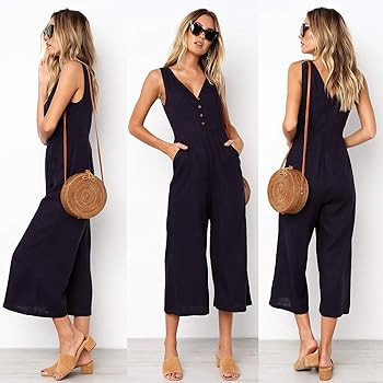 ECOWISH Womens Jumpsuits Casual Button Deep V Neck Sleeveless High Waist Wide Leg Jumpsuit Romper... | Amazon (US)