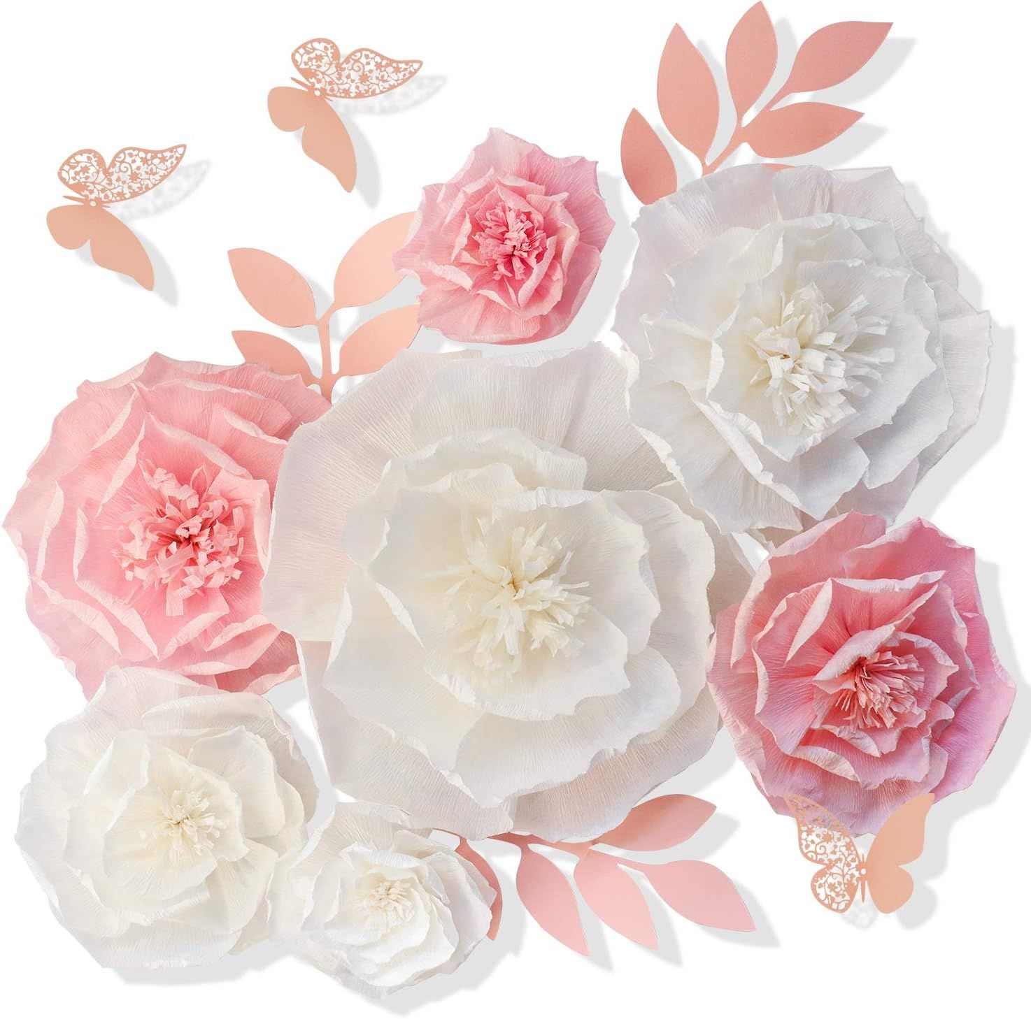 13 Pieces 3D Paper Flowers Pink White with Trees 10" 8" 6" 4" Craft DIY Large Wall Decorations Po... | Amazon (US)