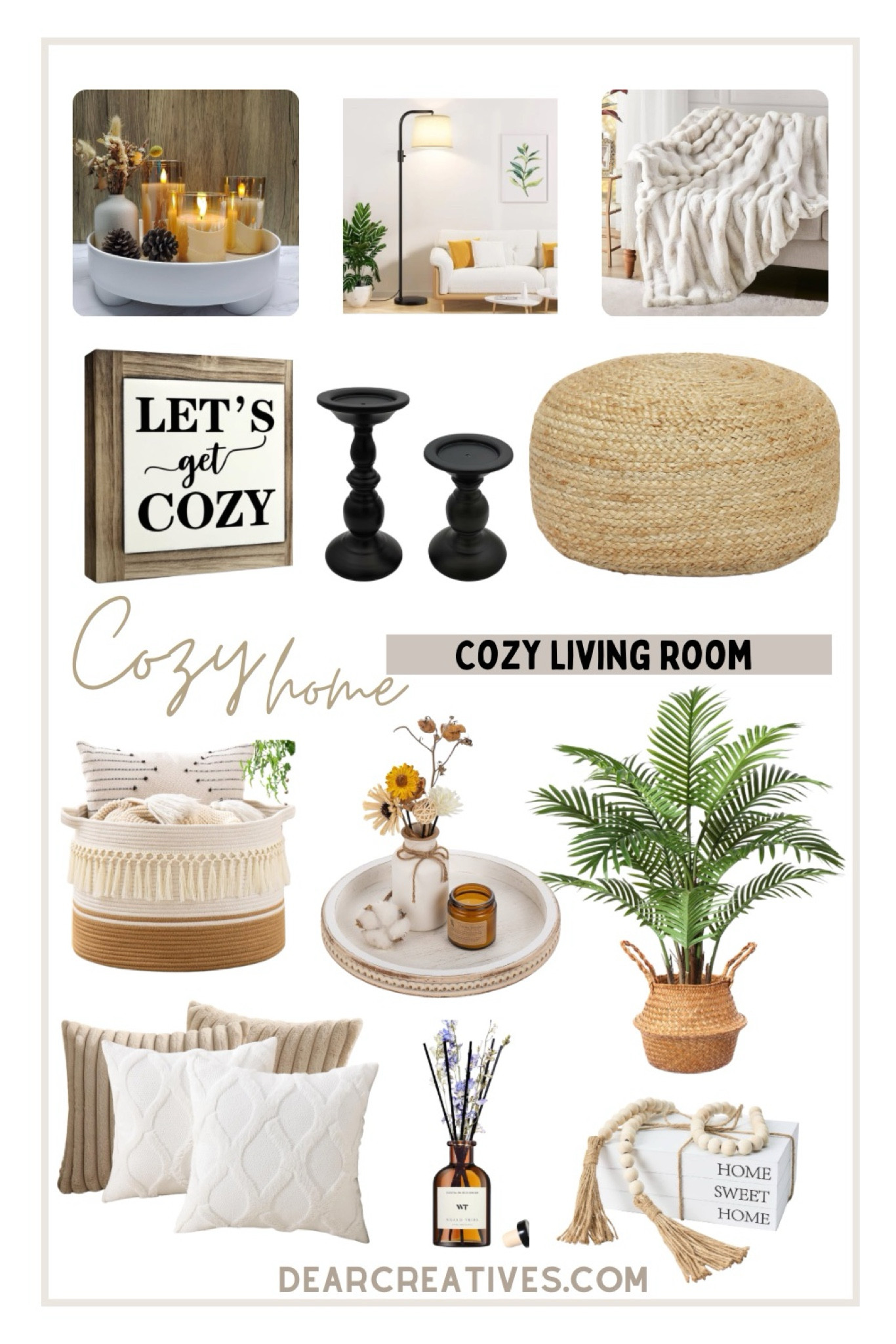 Cozy Living room Decor - Who else is looking forward to fall? & decorating?? Let’s get cozy sign, woven pouf, artificial plant with woven basket, round wood tray for decor, beautiful faux fur throw blanket, pillow covers, basket for extra storage, reed diffuser, mood lighting, pretty curtains… #Amazonfinds 

#LTKHome
