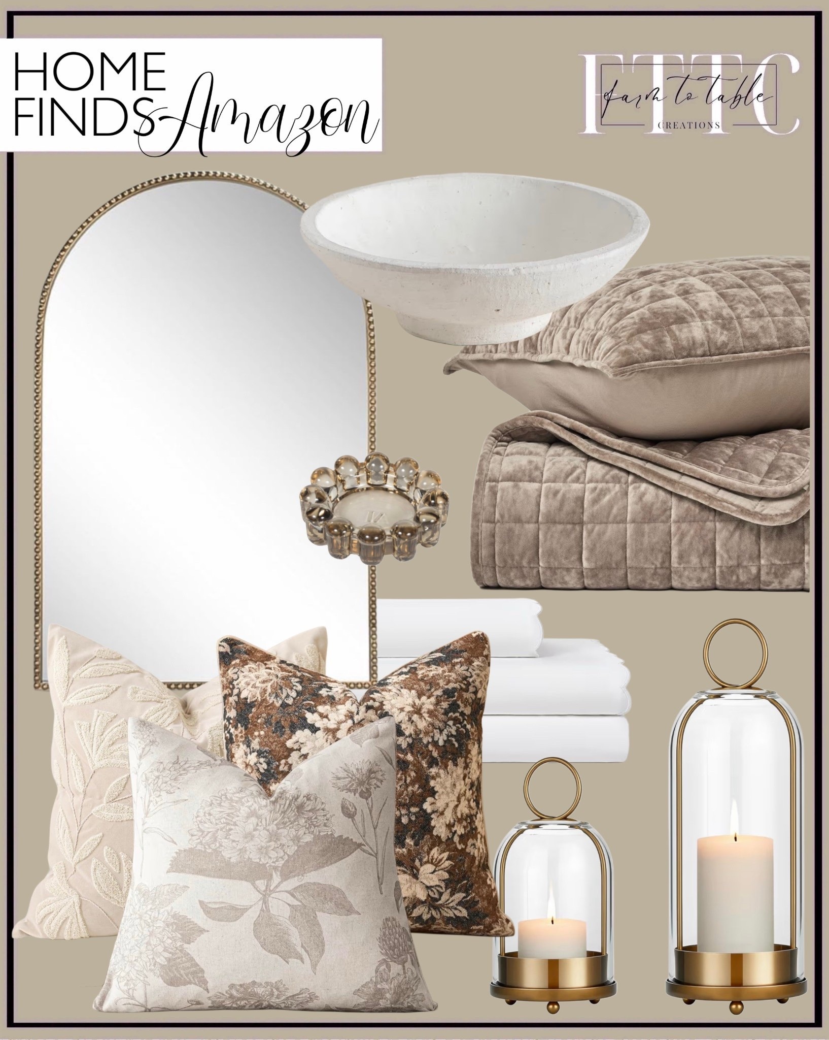 Designer-Inspired Amazon Home Finds That Look High-End

Follow @farmtotablecreations on Instagram for more home finds and styling ideas 🤍

These designer-inspired pieces are such an easy way to get that high-end, curated look without the high price tag. From the arched mirror and soft quilted bedding to the layered neutral pillows and glass hurricanes, everything feels elevated, timeless, and pulled together. The mix of textures and warm tones makes any space feel instantly more styled and intentional.

#pillows #throwpillows #blanket #mirror #candles #homedecor #livingroomdecor #bedroomdecor #amazonhome #neutraldecor

#LTKSaleAlert #LTKHome