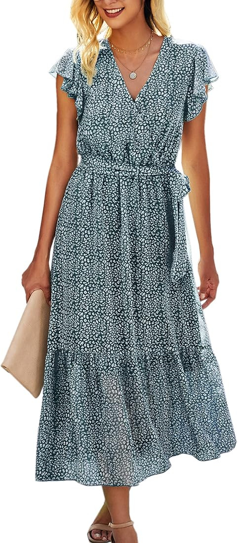 Women’s Dresses Short Sleeve Wrap V Neck Ruffle Floral Printed Midi Dress with Belt | Amazon (US)