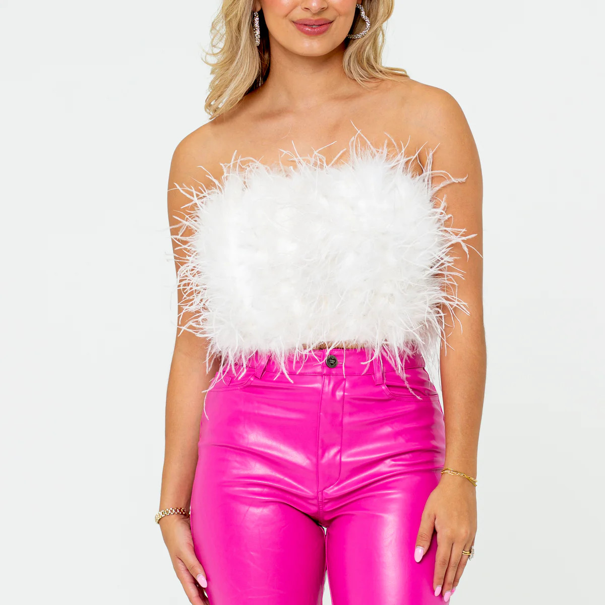 BuddyLove | Fancy Strapless Feather Crop Top | White | BuddyLove