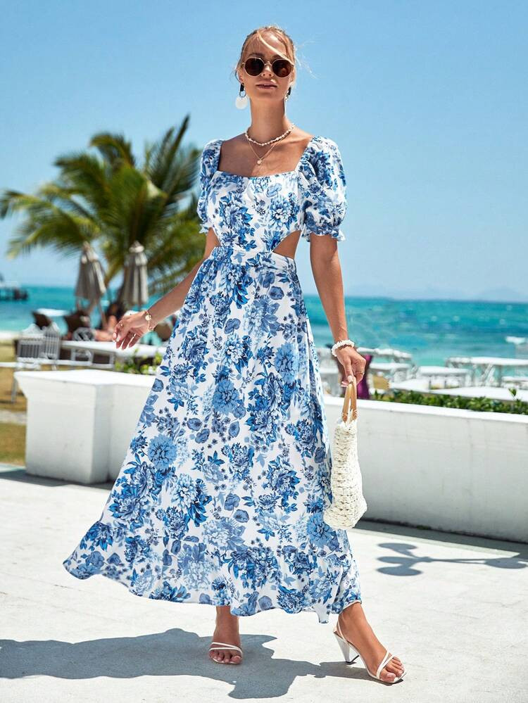 New
     
      SHEIN VCAY Floral Print Cut Out Waist Puff Sleeve Dress | SHEIN