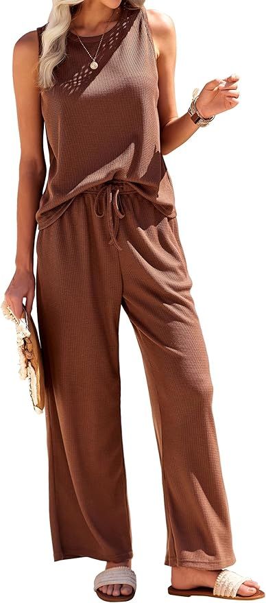 Ekouaer Womens Pajamas 2 Piece Lounge Set Waffle Knit Loungewear Sleeveless Tank Top with Long Pa... | Amazon (US)